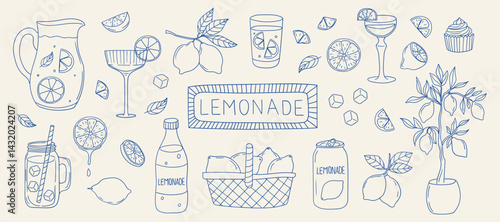 Lemonade illustrations featuring various drinks, fruits, and refreshing elements
