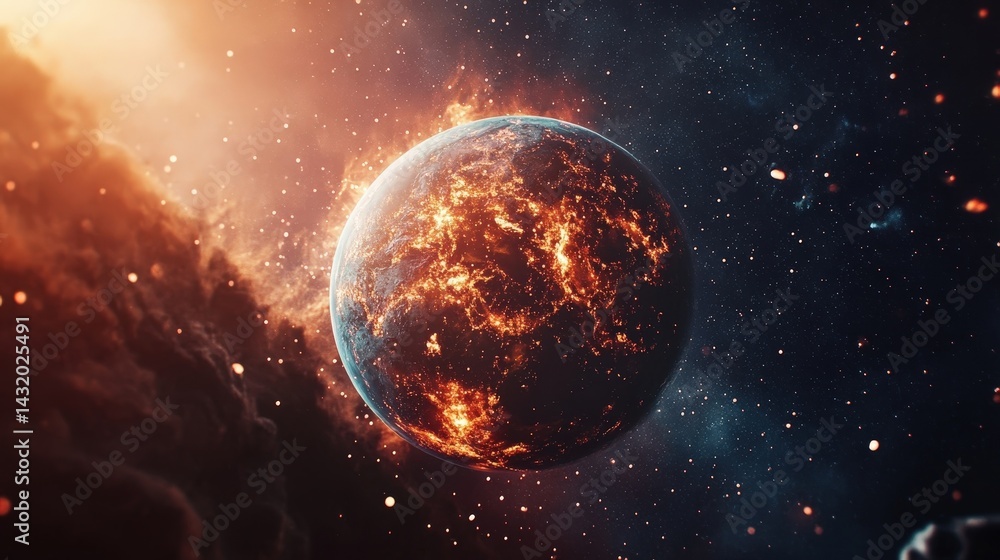 Fototapeta premium A Fiery Earth Amidst the Cosmic Background of Space and Stars
