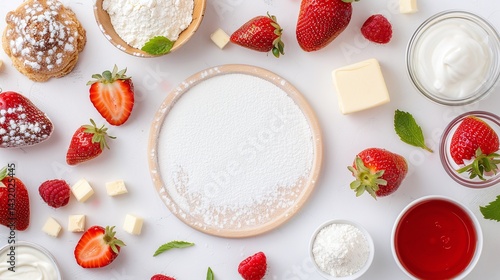 Round plate with baking ingredients including strawberries, flour, butter, and cream, flat lay composition with copy space, perfect for dessert recipe banner or food poster

