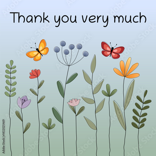 Thank you very much - Schriftzug in englischer Sprache - Vielen Dank. Quadratische Grußkarte mit bunten Blumen und Schmetterlingen.