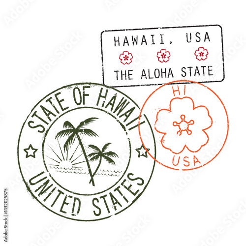 Postal rubber stamps STATE OF HAWAII, USA and HI zip code abbreviation. Retro seals for letter envelopes, greeting cards, passports, parcels.
