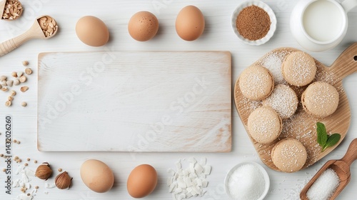 Empty white cutting board with round cookies, eggs, flour, and baking ingredients, flat lay composition with copy space, ideal for baking blog banner or recipe header

