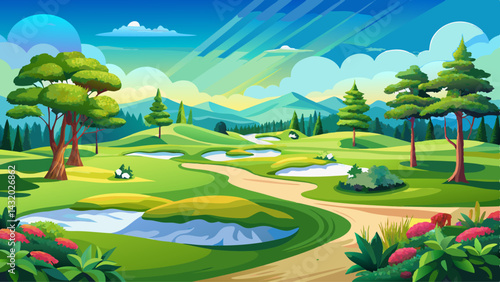 Scenic Golf Course Landscape with Lush Green Fairway, Azaleas, Sand Traps, and Tall Trees Under a Clear Blue