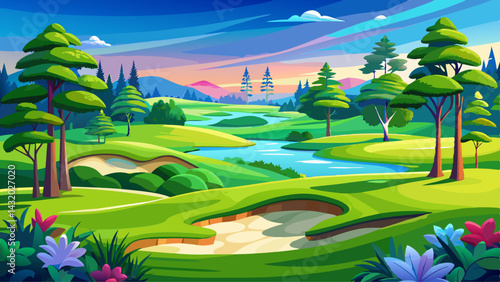 Scenic Golf Course Landscape with Lush Green Fairway, Azaleas, Sand Traps, and Tall Trees Under a Clear Blue