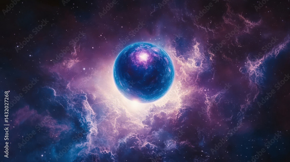 Obraz premium A stunning cosmic scene showcasing a vibrant blue planet surrounded by colorful swirling nebulae in deep space.