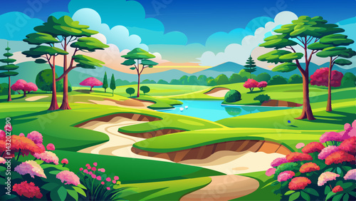 Scenic Golf Course Landscape with Lush Green Fairway, Azaleas, Sand Traps, and Tall Trees Under a Clear Blue