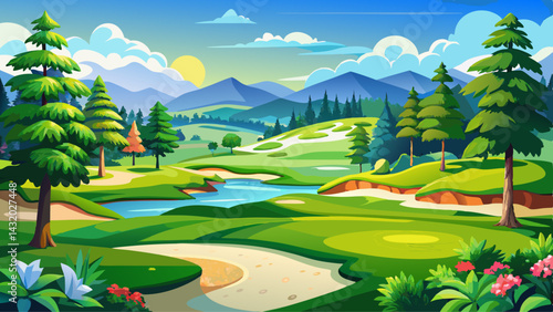 Scenic Golf Course Landscape with Lush Green Fairway, Azaleas, Sand Traps, and Tall Trees Under a Clear Blue