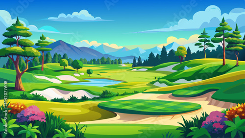 Scenic Golf Course Landscape with Lush Green Fairway, Azaleas, Sand Traps, and Tall Trees Under a Clear Blue