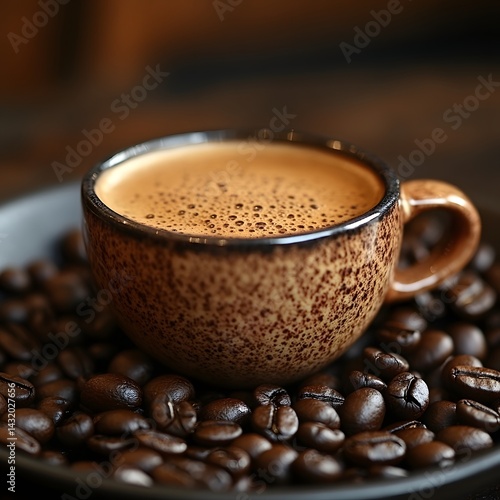 Aromatic coffee beans encircle a comforting cup of rich warmth