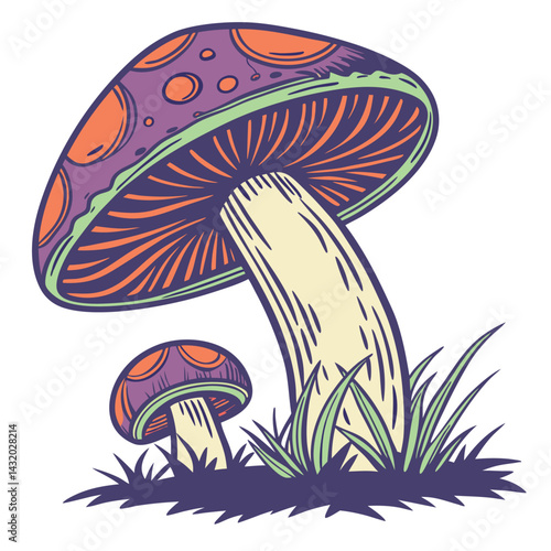 Vibrant vector art of red and green toadstool mushrooms in a grassy forest nature scene