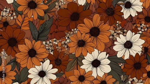Retro 70s Floral Seamless Pattern Brown Orange Flowers