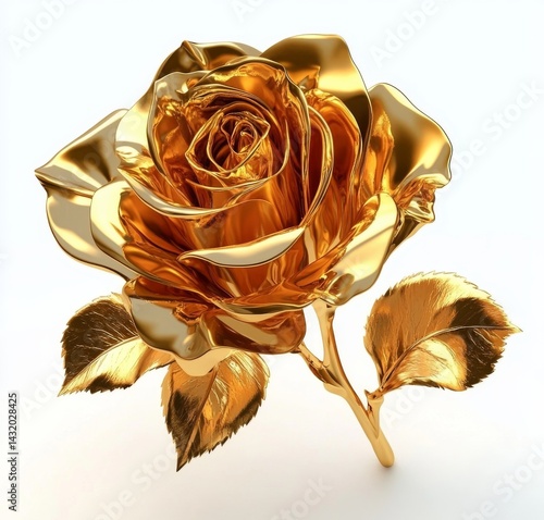 Golden Rose Still Life Elegant Metallic Bloom on White Backdrop, Luxury, Art