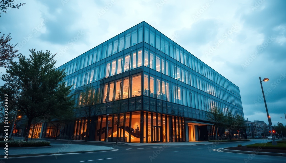 Modern glass building at twilight Modern glass building at twilight
