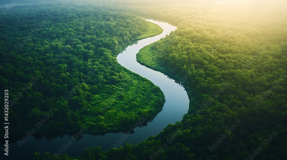 Fototapeta premium Lush forest landscape showcasing a winding river.