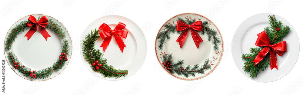 Set of white plate features festive arrangement with red ribbon bow and green pine branch isolated on transparent background Set of white plate features festive arrangement with red ribbon bow and green pine branch isolated on transparent background