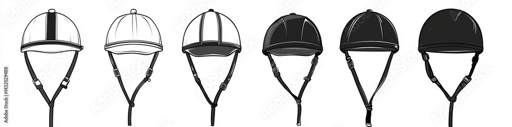 Fototapeta premium The gathering of equestrian helmets and horse head illustrations displays an array of diverse styles and designs