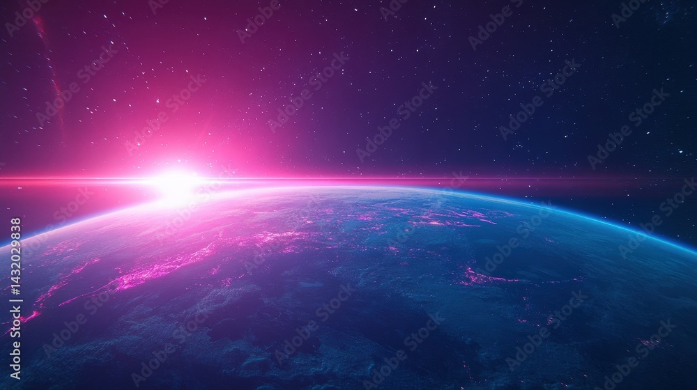 Fototapeta premium A stunning view of Earth with a vibrant sunrise in space. Bright colors illuminate the horizon against the vast dark universe.