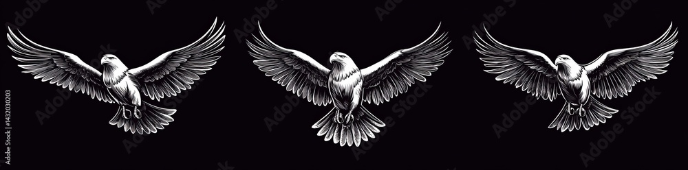 Fototapeta premium Against a plain background, four eagles in mid-flight showcase their detailed wing patterns and dynamic poses