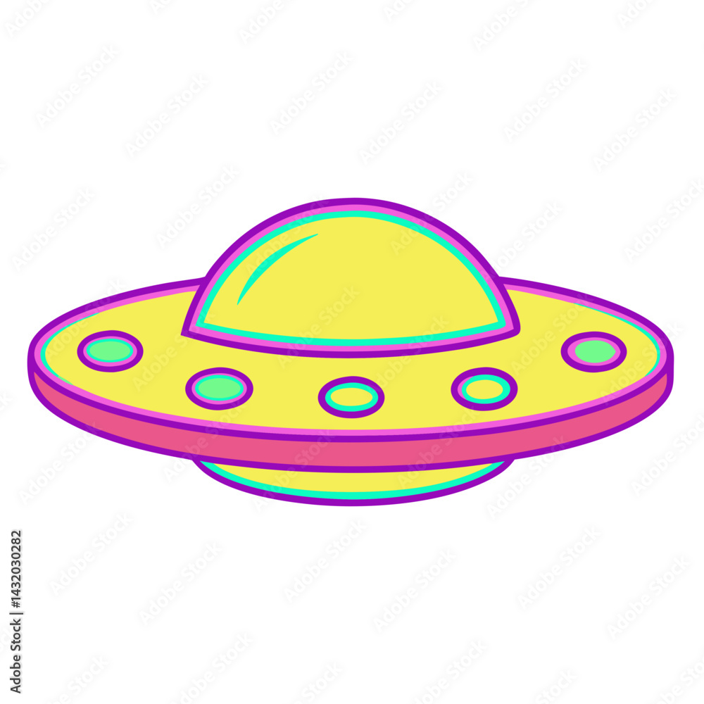 A vibrant, cartoon-like UFO hovers with captivating colours, ready for an extraterrestrial adventure. vector illustration A vibrant, cartoon-like UFO hovers with captivating colours, ready for an extraterrestrial adventure. vector illustration