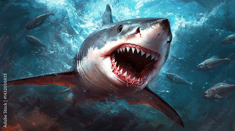 Obraz premium Great white shark charging through school of fish in ocean waters gigapixel scale underwater adventure