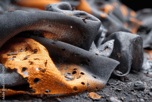 Close-up of damaged fabric with holes, showing burnt black mesh and orange underlay, revealing the texture and destruction of fire damage on textile material.