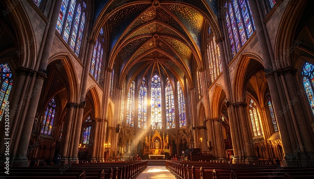 Fototapeta premium Ancient stone cathedral interior with dramatic light beams through stained glass and soaring gothic arches