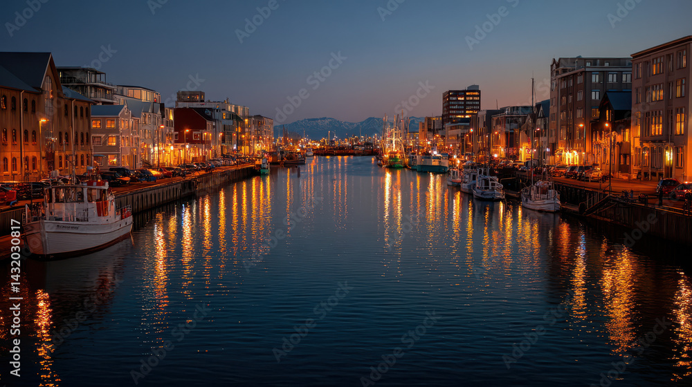Fototapeta premium Illuminated buildings and boats are reflected in the calm water of a city canal at night, with distant snow-capped mountains under a dark blue sky.