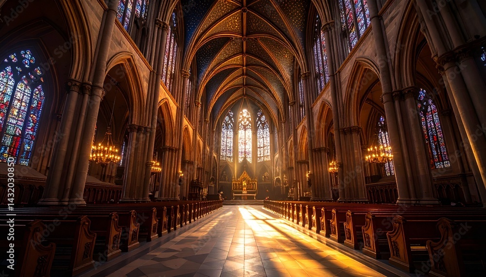 Fototapeta premium Ancient stone cathedral interior with dramatic light beams through stained glass and soaring gothic arches