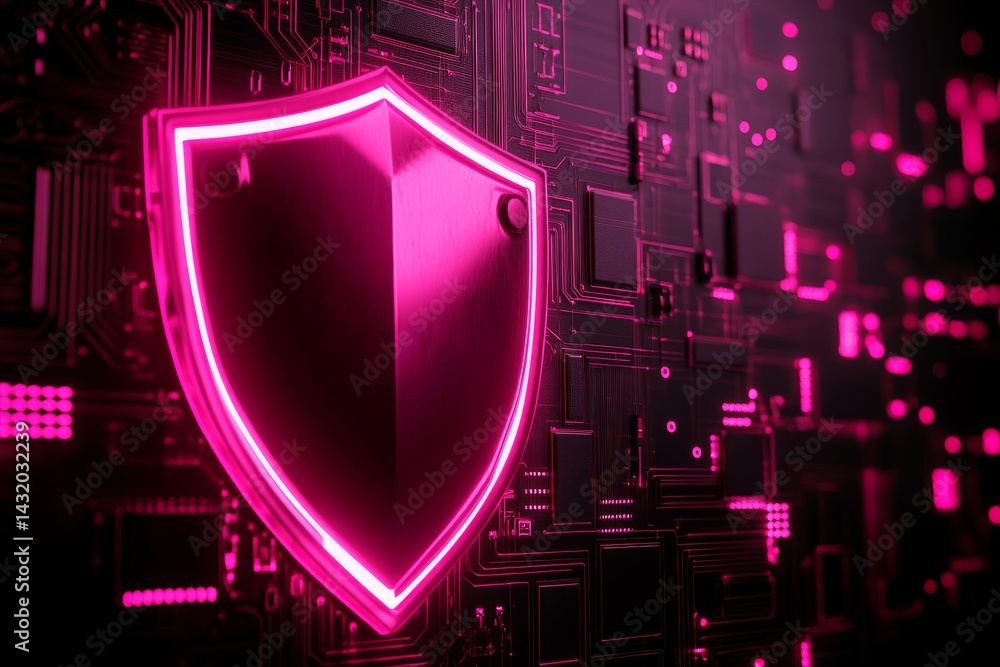 Fototapeta premium A luminous shield is positioned atop a red and blue electronic circuit board, creating an image that embodies a futuristic and technological ambiance, representative of a cutting-edge cybersecurity