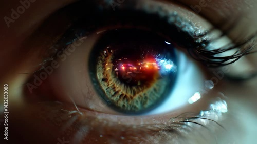 Terrified human eye reflecting flashing police or ambulance lights in dark close-up