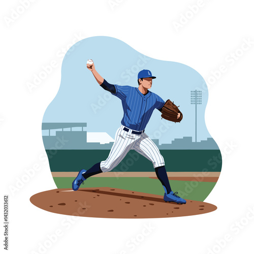 Dynamic flat vector artwork showcasing a baseball player during a game at the stadium. This clean and modern illustration captures the energy and action of baseball