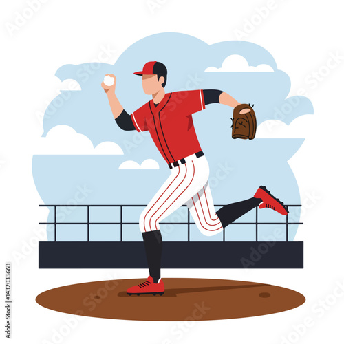 Dynamic flat vector artwork showcasing a baseball player during a game at the stadium. This clean and modern illustration captures the energy and action of baseball