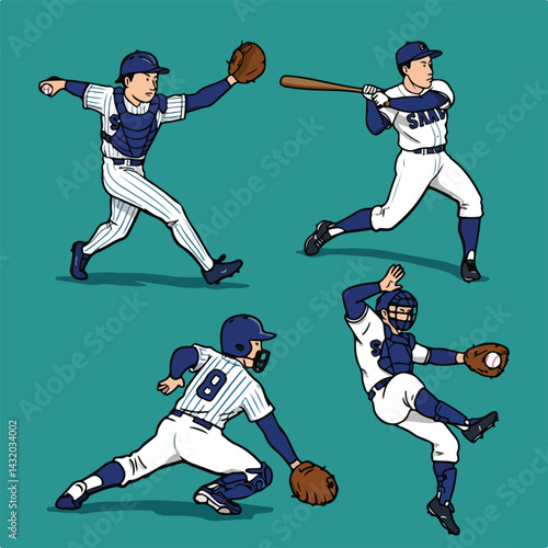 A dynamic, set of flat vector illustration of a baseball player in action. The artwork captures the energy of the sport with a clean and modern design