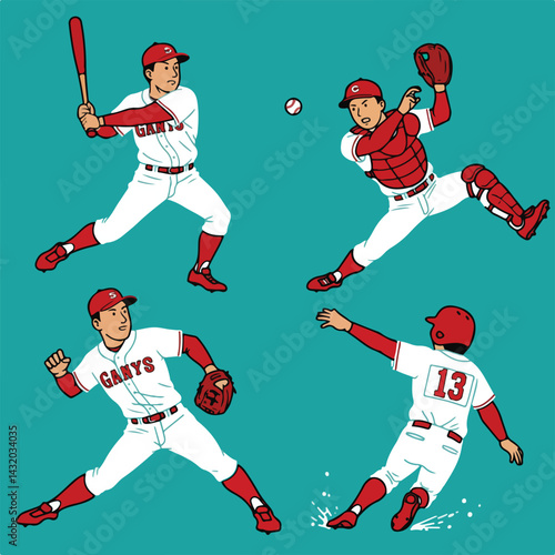 A dynamic, set of flat vector illustration of a baseball player in action. The artwork captures the energy of the sport with a clean and modern design