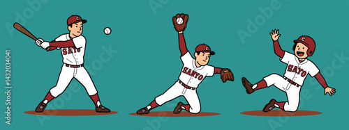 A dynamic, set of flat vector illustration of a baseball player in action. The artwork captures the energy of the sport with a clean and modern design