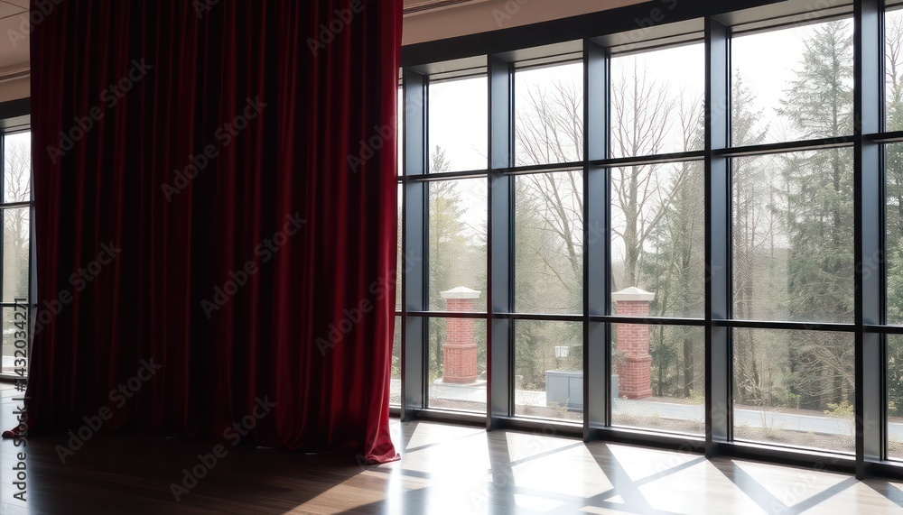 Fototapeta premium Modern interior with large windows, red drapes