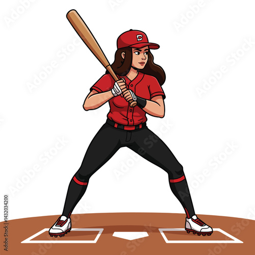 A confident woman playing baseball as batter. flat illustration with vibrant colors