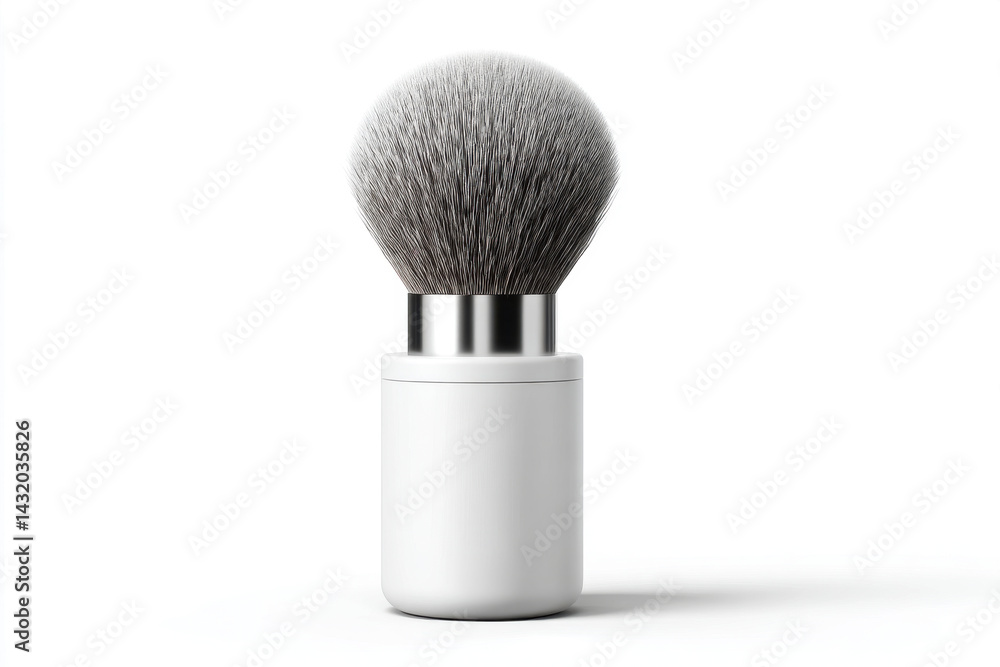 A close-up studio shot of a professional kabuki makeup brush with silver accents and a white handle, set against a pristine, clean white background. A close-up studio shot of a professional kabuki makeup brush with silver accents and a white handle, set against a pristine, clean white background.