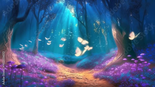 Mystical forest scene with sunlight rays, glowing butterflies, purple mushrooms, twisted trees creating magical woodland pathway