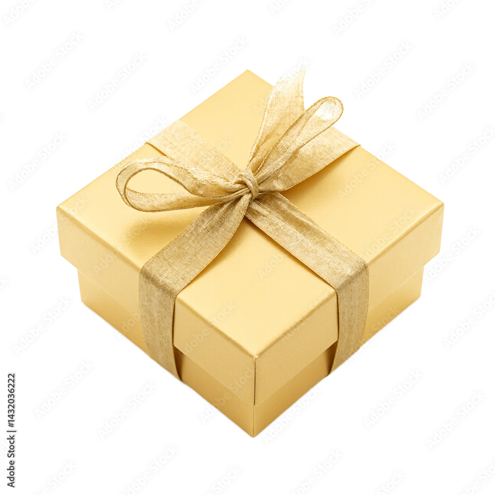 Obraz premium Isolated diamond shaped gold gift box with delicate mesh ribbon for luxurious gift concepts and special occasions
