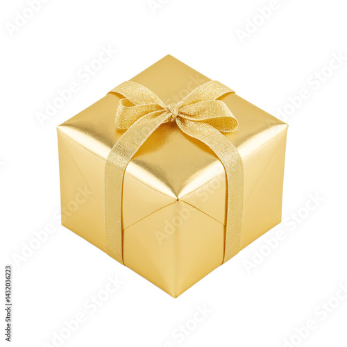 Isolated diamond shaped gold gift box with delicate mesh ribbon for luxurious gift concepts and special occasions