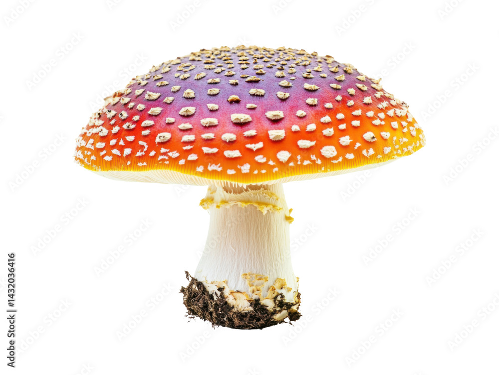 Obraz premium Vibrant Fly Agaric Mushroom with Red Cap and White Spots Isolated on Transparent PNG Background – Detailed Amanita Muscaria Fungus Illustration, Poisonous Mushroom Clipart, Forest Nature Element