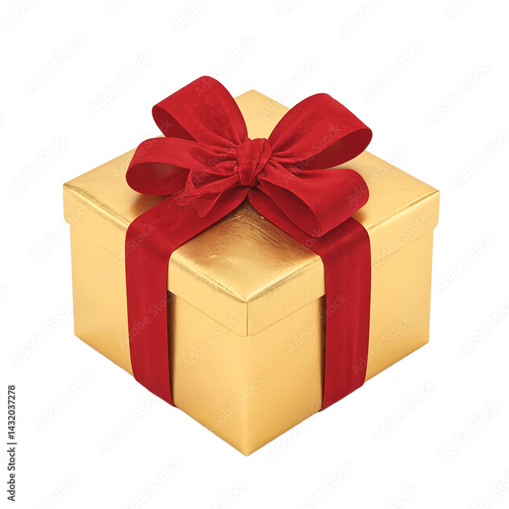 Obraz premium Isolated festive gold gift box wrapped in red velvet ribbon perfect for holiday concepts and celebrations
