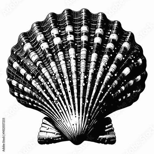Detailed Black Ink Drawing of King Scallop on White Background