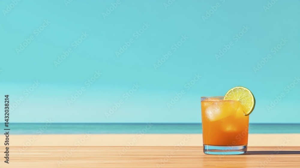 Obraz premium Refreshing Orange Drink with Lime on Wooden Table at Beach with Turquoise Sea and Sky Background