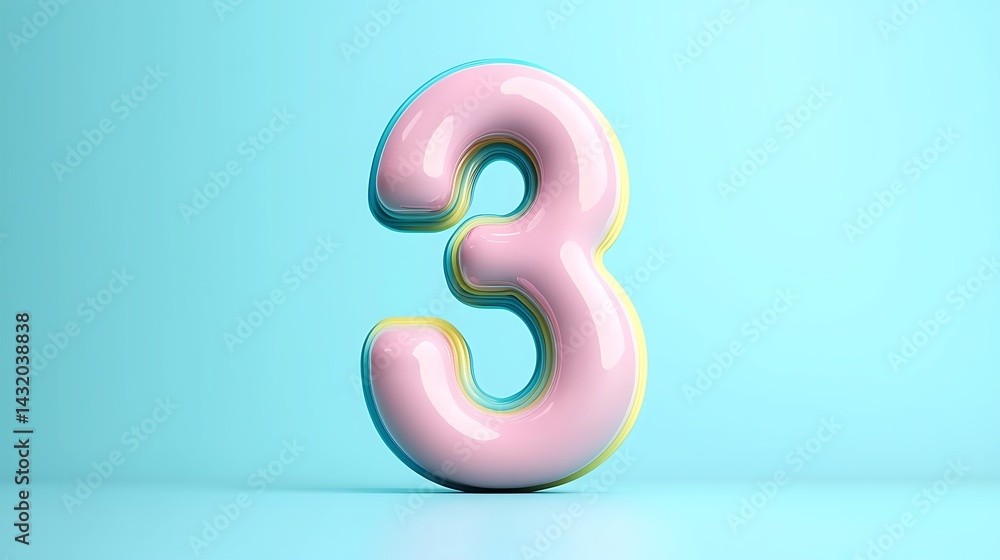 Pastel Pink Number Three 3D Render on Light Blue Background Pastel Pink Number Three 3D Render on Light Blue Background