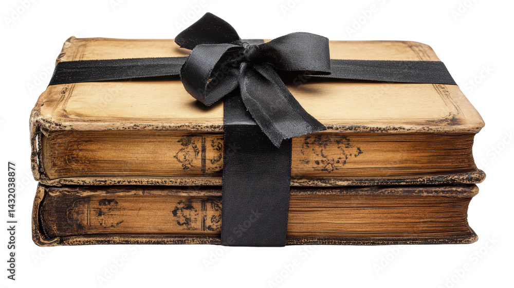 Old leather bound book wrapped with black ribbon on a transparent background