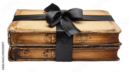 Obraz na płótnie Old leather bound book wrapped with black ribbon on a transparent background w salonie