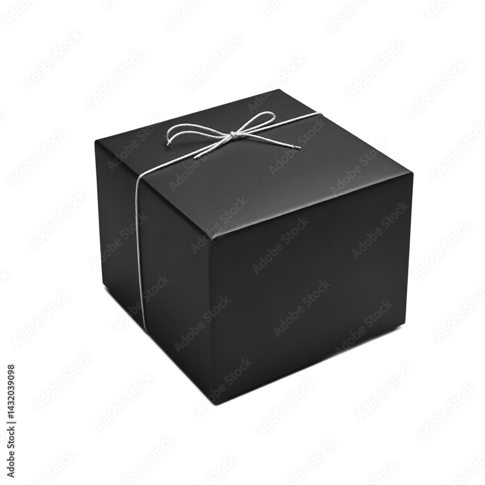 Isolated matte black square gift box tied with a silver string perfect for gifting in style Isolated matte black square gift box tied with a silver string perfect for gifting in style