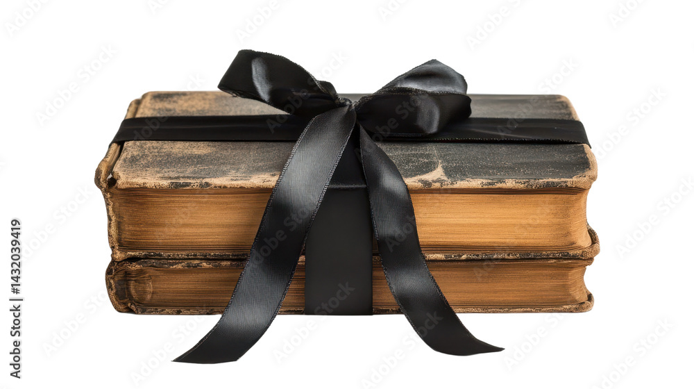 Old leather bound book wrapped with black ribbon on a transparent background